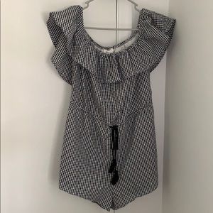 Honey Punch Gingham Romper Off the Shoulder